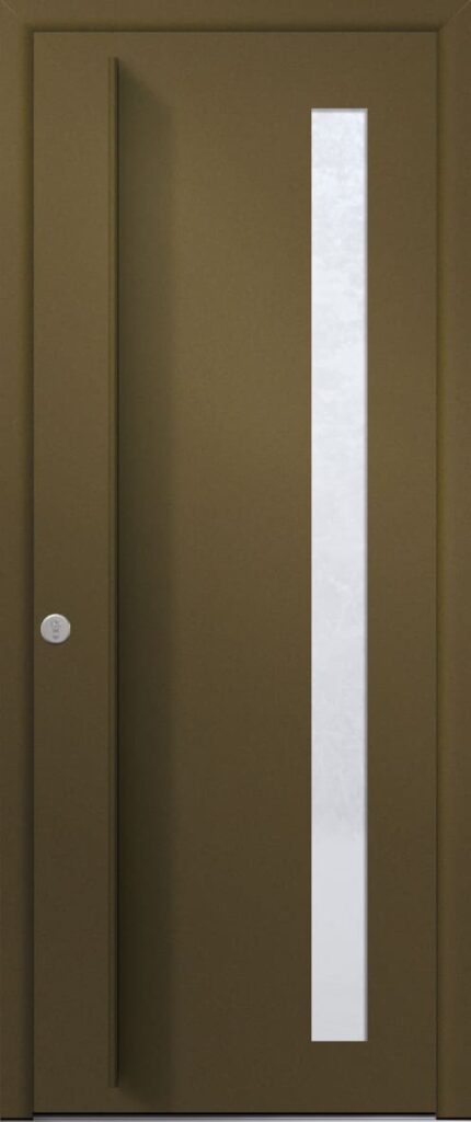 Porte d’entrée vitrée moderne CIPOLIN 1 en aluminium poignée de tirage en saillie à la couleur de l'ouvrant coloris RAL 2525 bronze Finitions métallisé gamme PASSAGE