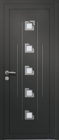 Panneau de porte d’entrée vitré en aluminium laqué AMARANTE 5 coloris RAL 2100 noir finitions sablé et pièces décoratives en aluminium