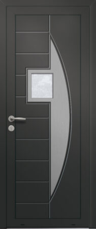 Panneau de porte d’entrée vitré en aluminium laqué ANDROMEDE 1 coloris RAL 2100 noir finitions sablé et pièce décorative en aluminium