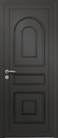 Panneau de porte d’entrée en aluminium laqué ANTARES coloris RAL 2100 noir moulures embouties finitions sablé