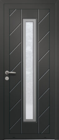 Panneau de porte d’entrée vitré en aluminium laqué BOUVIER 1 coloris RAL 2100 noir finitions sablé et pièce décorative en aluminium