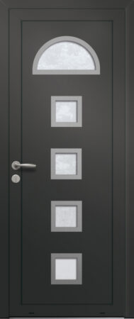 Panneau de porte d’entrée vitré en aluminium laqué BUGA 5 coloris RAL 2100 noir finitions sablé et pièces décoratives en aluminium