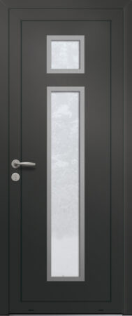 Panneau de porte d’entrée vitré en aluminium laqué CALI 2 coloris RAL 2100 noir finitions sablé et pièces décoratives en aluminium