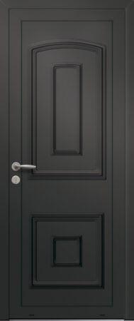 Panneau de porte d’entrée en aluminium laqué CAPELLA coloris RAL 2100 noir moulures embouties finitions sablé