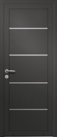 Panneau de porte d’entrée en aluminium laqué CELADON coloris RAL 2100 noir finitions sablé et pièces décoratives en aluminium