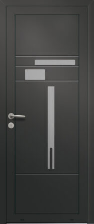 Panneau de porte d’entrée en aluminium laqué CHIMERE coloris RAL 2100 noir finitions sablé et pièces décoratives en aluminium