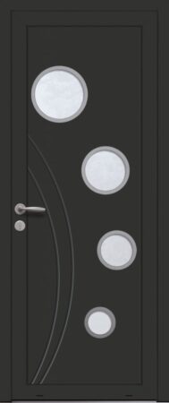 Panneau de porte d’entrée vitré en aluminium laqué COBALT 4 coloris RAL 9005 noir finitions mat et pièces décoratives en aluminium