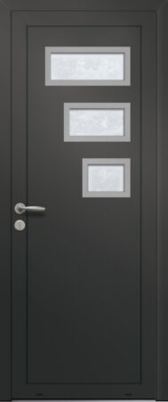 Panneau de porte d’entrée vitré en aluminium laqué COBAN 3 coloris RAL 2100 noir finitions sablé et pièces décoratives en aluminium