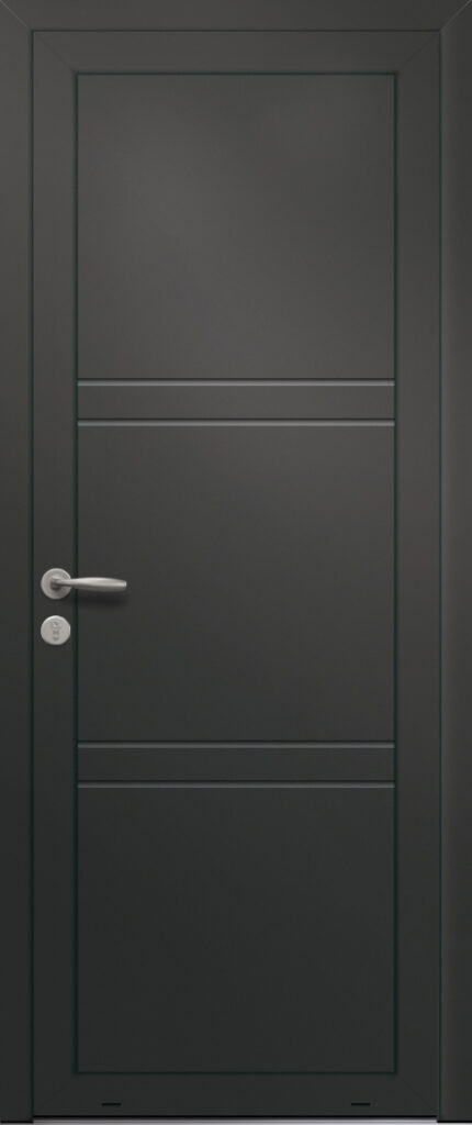 Panneau de porte d’entrée en aluminium laqué COQUELICOT coloris RAL 2100 noir finitions sablé