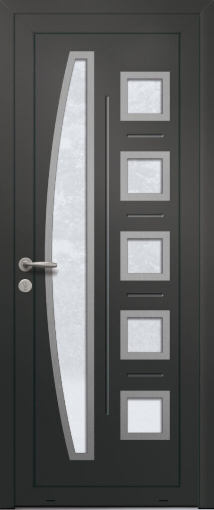 Panneau de porte d’entrée vitré en aluminium laqué CORAIL 6 coloris RAL 2100 noir finitions sablé et pièces décoratives en aluminium