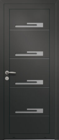 Panneau de porte d’entrée en aluminium laqué EURYALE coloris RAL 2100 noir finitions sablé et pièces décoratives en aluminium