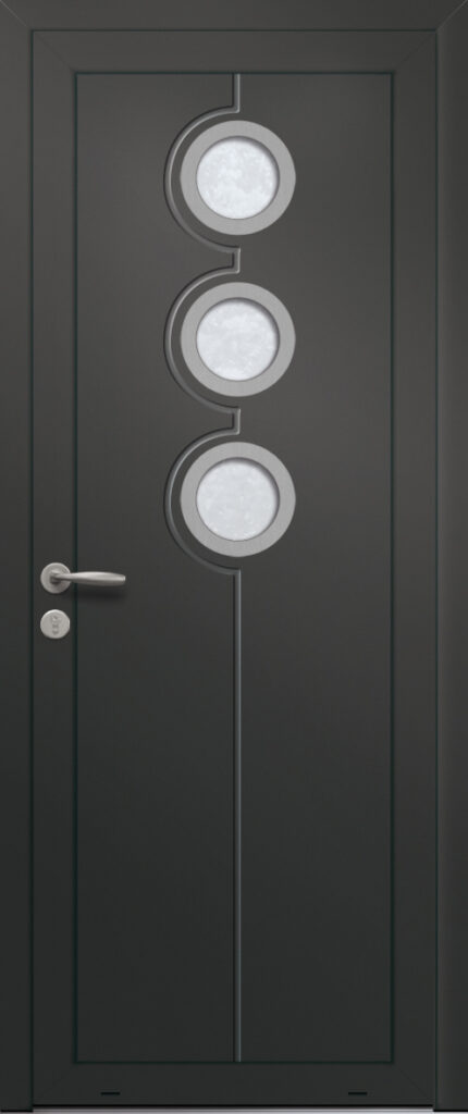 Panneau de porte d’entrée vitré en aluminium laqué FAUVE 3 coloris RAL 2100 noir finitions sablé pièces décoratives en aluminium