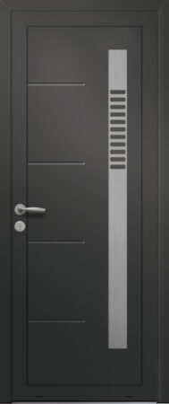 Panneau de porte d’entrée en aluminium laqué HYDRE coloris RAL 2100 noir finitions sablé et pièce décorative en aluminium