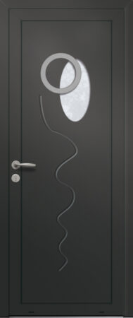 Panneau de porte d’entrée vitré en aluminium laqué MAGNOLIA 1 coloris RAL 2100 noir finitions sablé pièce décorative en aluminium