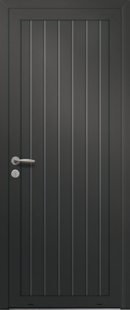 Panneau de porte d’entrée en aluminium laqué MAUVE coloris RAL 2100 noir finitions sablé
