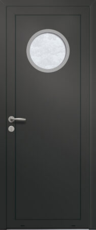 Panneau de porte d’entrée vitré en aluminium laqué MINAS 1 coloris RAL 2100 noir finitions sablé et pièce décorative en aluminium