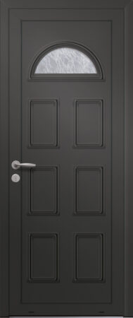 Panneau de porte d’entrée vitré en aluminium laqué ORION 1 coloris RAL 2100 noir moulures embouties finitions sablé