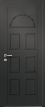 Panneau de porte d’entrée en aluminium laqué ORION coloris RAL 2100 noir moulures embouties finitions sablé