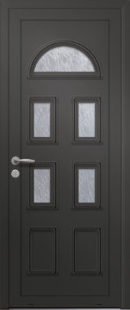 Panneau de porte d’entrée vitré en aluminium laqué ORION 5 coloris RAL 2100 noir moulures embouties finitions sablé