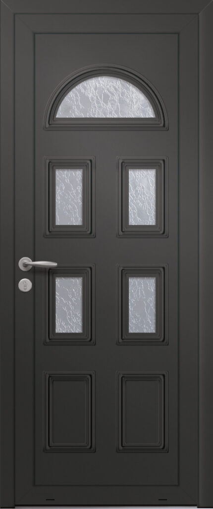 Panneau de porte d’entrée vitré en aluminium laqué ORION 5 coloris RAL 2100 noir moulures embouties finitions sablé