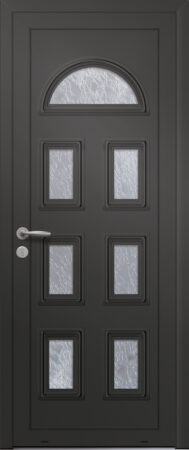 Panneau de porte d’entrée vitré en aluminium laqué ORION 7 coloris RAL 2100 noir moulures embouties finitions sablé