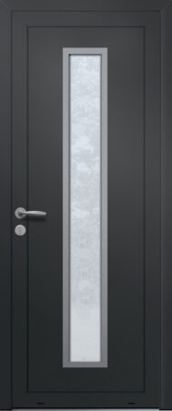 Panneau de porte d’entrée vitré en aluminium laqué PASTO 1 coloris RAL 2100 noir finitions sablé et pièce décorative en aluminium