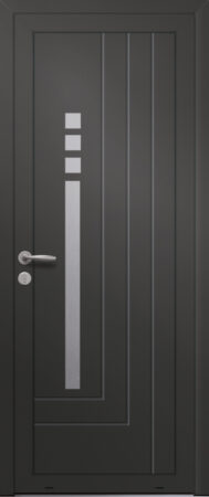 Panneau de porte d’entrée en aluminium laqué POURPRE coloris RAL 2100 noir finitions sablé pièces décoratives en aluminium