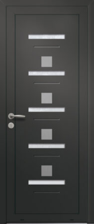 Panneau de porte d’entrée vitré en aluminium laqué RESEDA 5 coloris RAL 2100 noir finitions sablé pièces décoratives en aluminium