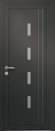 Panneau de porte d’entrée en aluminium laqué RHOECOS coloris RAL 2100 noir finitions sablé et pièces décoratives en aluminium