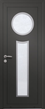 Panneau de porte d’entrée vitré en aluminium laqué ROSARIO 2 coloris RAL 2100 noir finitions sablé et pièces décoratives en aluminium