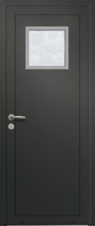 Panneau de porte d’entrée vitré en aluminium laqué SALTA 1 coloris RAL 2100 noir finitions sablé et pièce décorative en aluminium