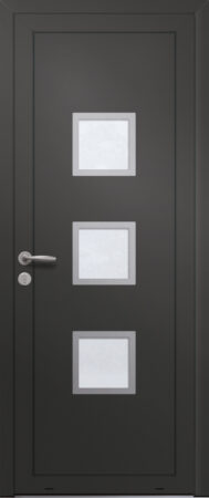 Panneau de porte d’entrée vitré en aluminium laqué SANTA CRUZ 3 coloris RAL 2100 noir finitions sablé et pièces décoratives en aluminium