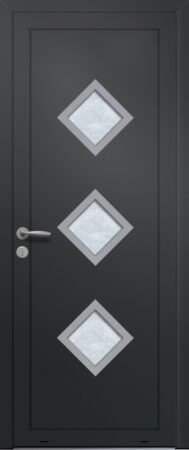 Panneau de porte d’entrée vitré en aluminium laqué SANTIAGO 3 coloris RAL 2100 noir finitions sablé et pièces décoratives en aluminium