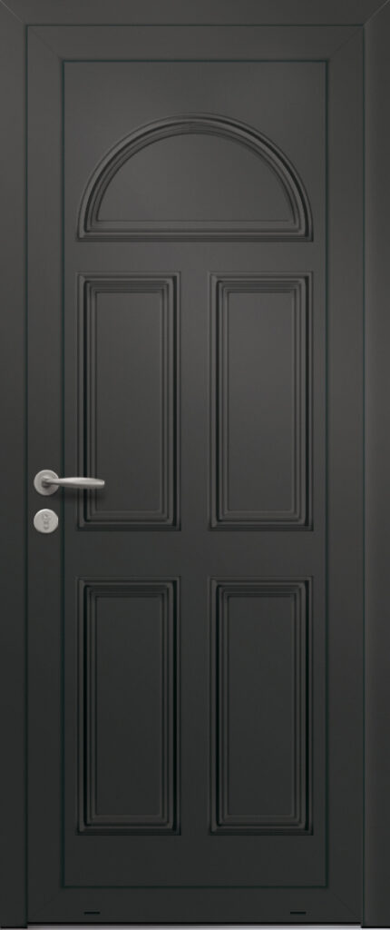 Panneau de porte d’entrée en aluminium laqué SIRIUS coloris RAL 2100 noir moulures embouties finitions sablé