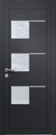 Panneau de porte d’entrée vitré en aluminium laqué VANILLE 3 coloris RAL 2100 noir finitions sablé pièces décoratives aluminium