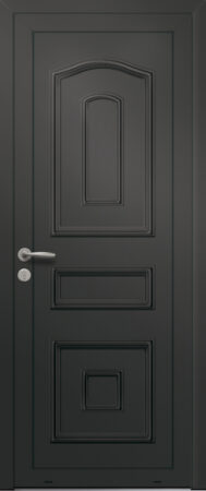 Panneau de porte d’entrée en aluminium laqué VEGA coloris RAL 2100 noir moulures embouties finitions sablé