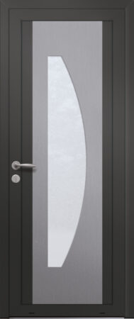 Panneau de porte d’entrée vitré en aluminium plaxé AGATHE 1F coloris film gris quartz RAL 7039 et pièce décorative en aluminium