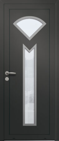 Panneau de porte d’entrée vitré en aluminium plaxé AZUL 2 coloris film gris quartz RAL 7039 et pièces décoratives en aluminium