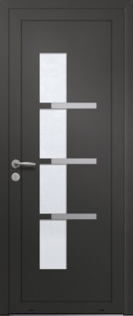 Panneau de porte d’entrée vitré en aluminium plaxé BARBADE 4 coloris film gris quartz RAL 7039 et pièces décoratives aluminium