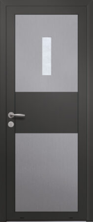 Panneau de porte d’entrée vitré en aluminium plaxé CITRINE 1C coloris film gris quartz RAL 7039 et pièces décoratives en aluminium