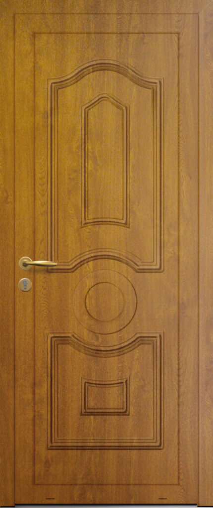 Panneau de porte d’entrée en aluminium plaxé ELECTRA coloris chêne doré finitions bois et moulures embouties