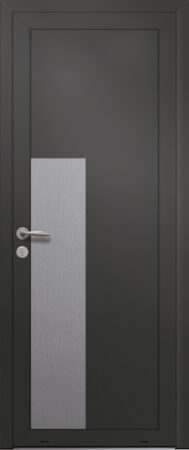 Panneau de porte d’entrée en aluminium plaxé EMERAUDE coloris film gris quartz RAL 7039 et pièce décorative en aluminium