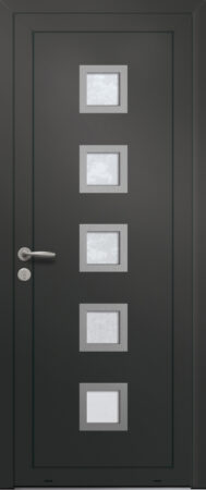 Panneau de porte d’entrée vitré en aluminium plaxé LIMA 5 coloris film gris quartz RAL 7039 et pièce décorative en aluminium