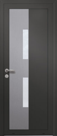 Panneau de porte d’entrée vitré en aluminium plaxé OPALE 2L coloris film gris quartz RAL 7039 et pièce décorative en aluminium