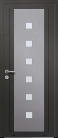 Panneau de porte d’entrée vitré en aluminium plaxé QUARTZ 6F coloris film gris quartz RAL 7039 et pièce décorative en aluminium