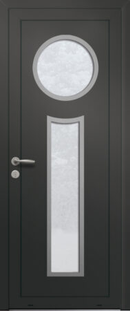 Panneau de porte d’entrée vitré en aluminium plaxé ROSARIO 2 coloris film gris quartz RAL 7039 et pièces décoratives en aluminium