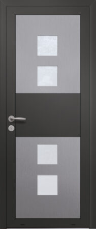 Panneau de porte d’entrée vitré en aluminium plaxé RUBIS 4C coloris film gris quartz RAL 7039 et pièces décoratives en aluminium