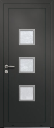 Panneau de porte d’entrée vitré en aluminium plaxé SANTA CRUZ 3 coloris film gris quartz RAL 7039 et pièces décoratives en aluminium