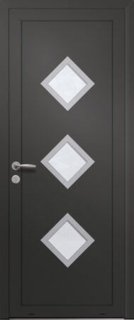 Panneau de porte d’entrée vitré en aluminium plaxé SANTIAGO 3 coloris film gris quartz RAL 7039 et pièces décoratives en aluminium