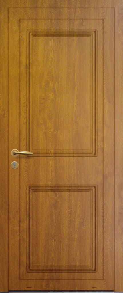 Panneau de porte d’entrée en aluminium plaxé VERSEAU coloris chêne doré finitions bois et moulures embouties